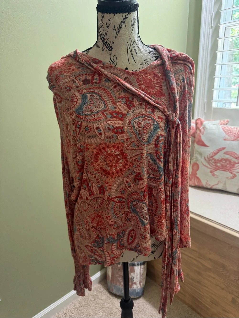 Free People Coral and Blue Paisley Lightweight Cardigan